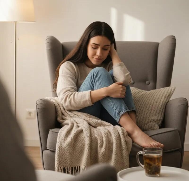 Woman reflecting on emotional journey with endometriosis in a cozy, serene environment