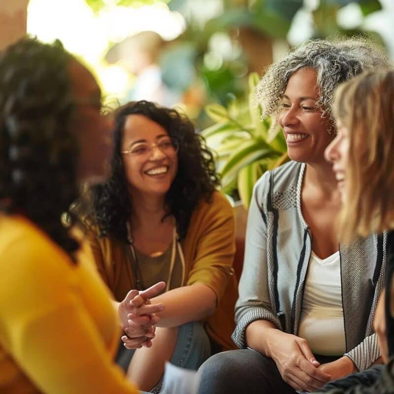 Diverse group of women discussing health and wellness in a supportive environment, emphasizing endometriosis awareness
