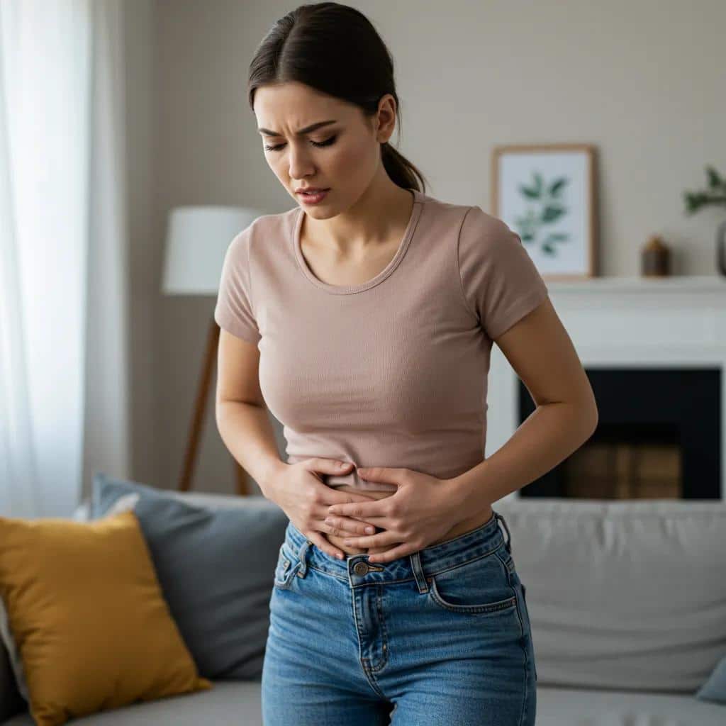 1e1d862d 454e 4d10 8e12 264e8e09f387jpg - Rachael Haverland Site A woman experiencing discomfort in her abdomen, illustrating the key symptoms of endometriosis in a comfortable home setting