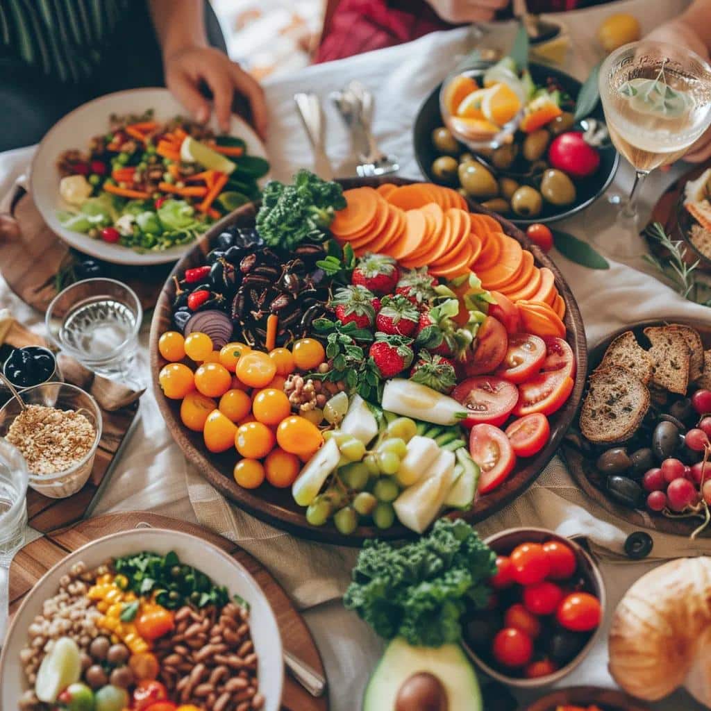 20250821 201332 e765dc174b292b46 6dd4221b 7710 4585 8ba0 adda2b1b5a36jpg - Rachael Haverland Site Healthy meal spread featuring fruits, vegetables, and whole grains, representing dietary changes for managing endometriosis