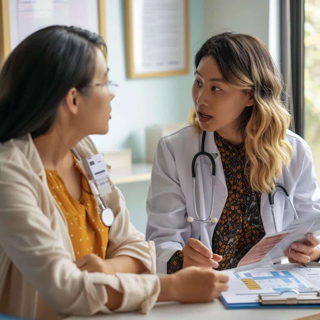20250821 201614 7d2236fe72c40680 c3592e27 f3f5 4e9c aae0 9048bcea3bfejpg - Rachael Haverland Site A healthcare professional explaining treatment options for endometriosis-related constipation to a patient