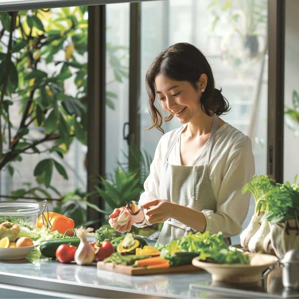 Woman preparing fresh vegetables in a bright kitchen, emphasizing healthy cooking for digestive health related to endometriosis.