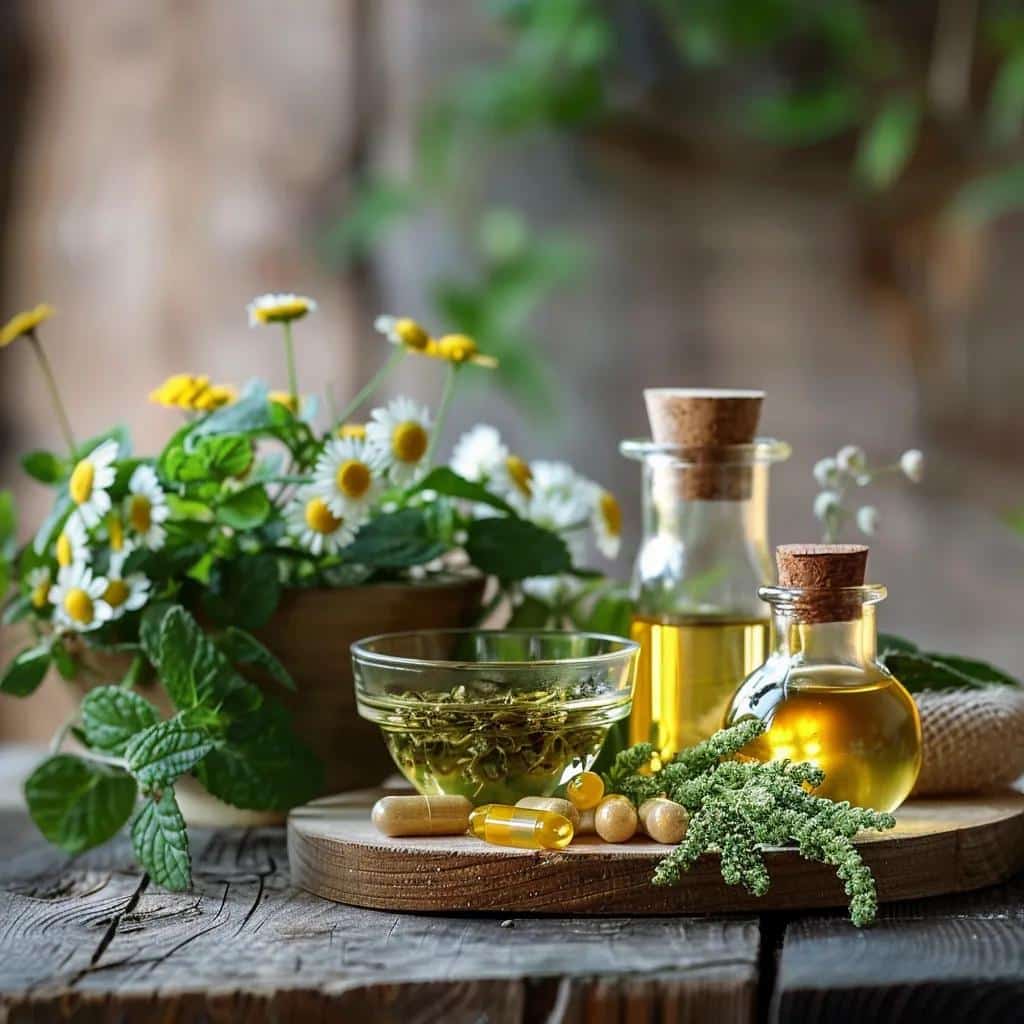Herbal remedies including essential oils, a bowl of herbal infusion, and supplements on a wooden surface, emphasizing natural therapies for digestive relief in endometriosis management.
