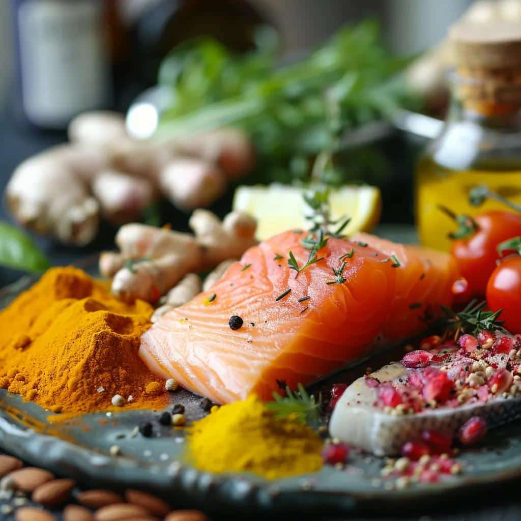 20250821 201732 2b4e1a3d2b3eda20 bf1ce7a4 15b5 41e8 b26a d6aa6e9127e6jpg - Rachael Haverland Site Close-up of a plate with anti-inflammatory foods like turmeric and fish, representing dietary strategies to reduce inflammation in endometriosis
