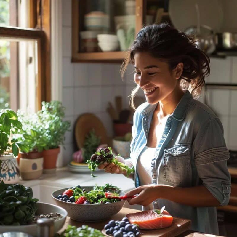 Woman preparing a healthy meal in a cozy kitchen, highlighting the importance of diet in managing endometriosis and digestive health