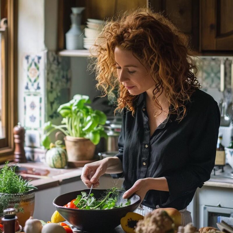 Woman in a cozy kitchen contemplating healthy food choices related to endometriosis digestive symptoms