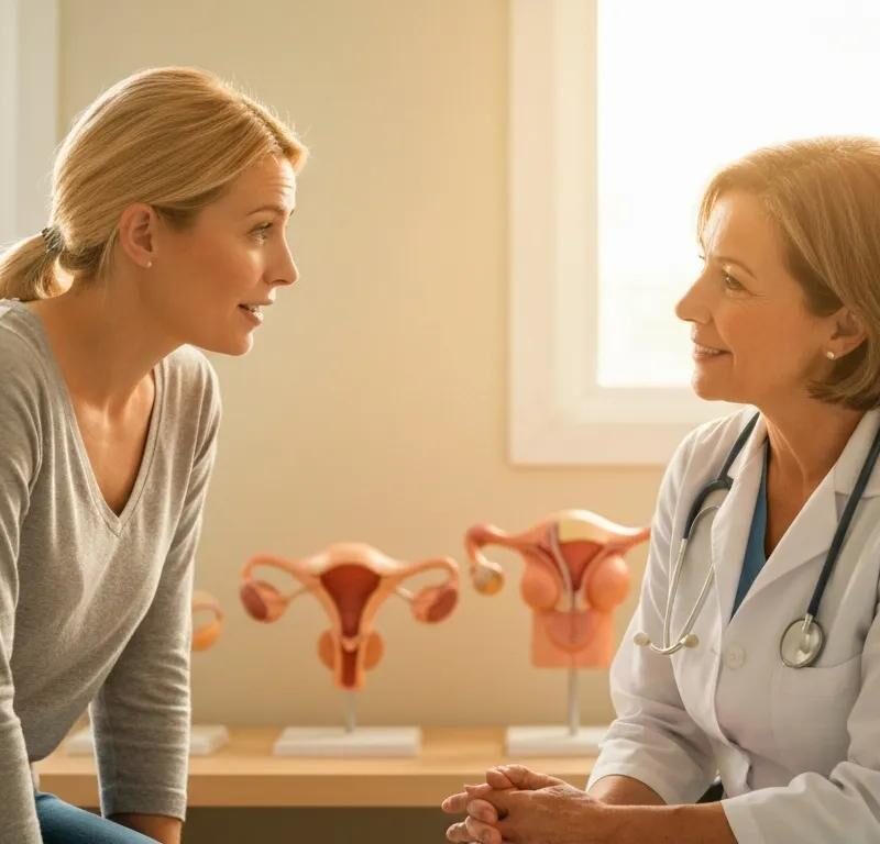 Female patient consulting with a doctor about abdominal pain related to endometriosis in a warm healthcare setting