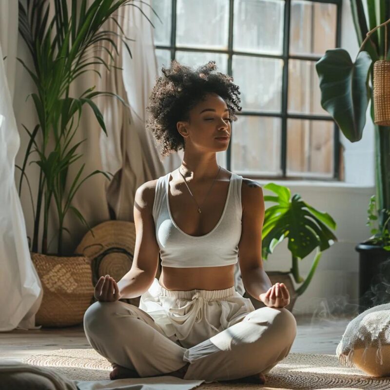 Woman meditating in a tranquil setting, representing mindfulness techniques for chronic pelvic pain relief