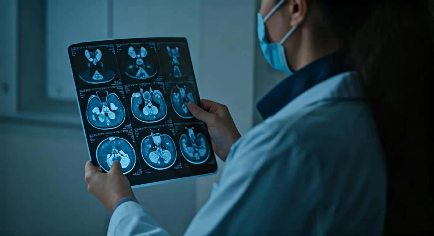 a stark, high-contrast medical office scene captures a dedicated healthcare professional examining an advanced mri scan that shows endometrial tissue affecting surrounding organs, emphasizing the urgency of identifying severe endometriosis symptoms.