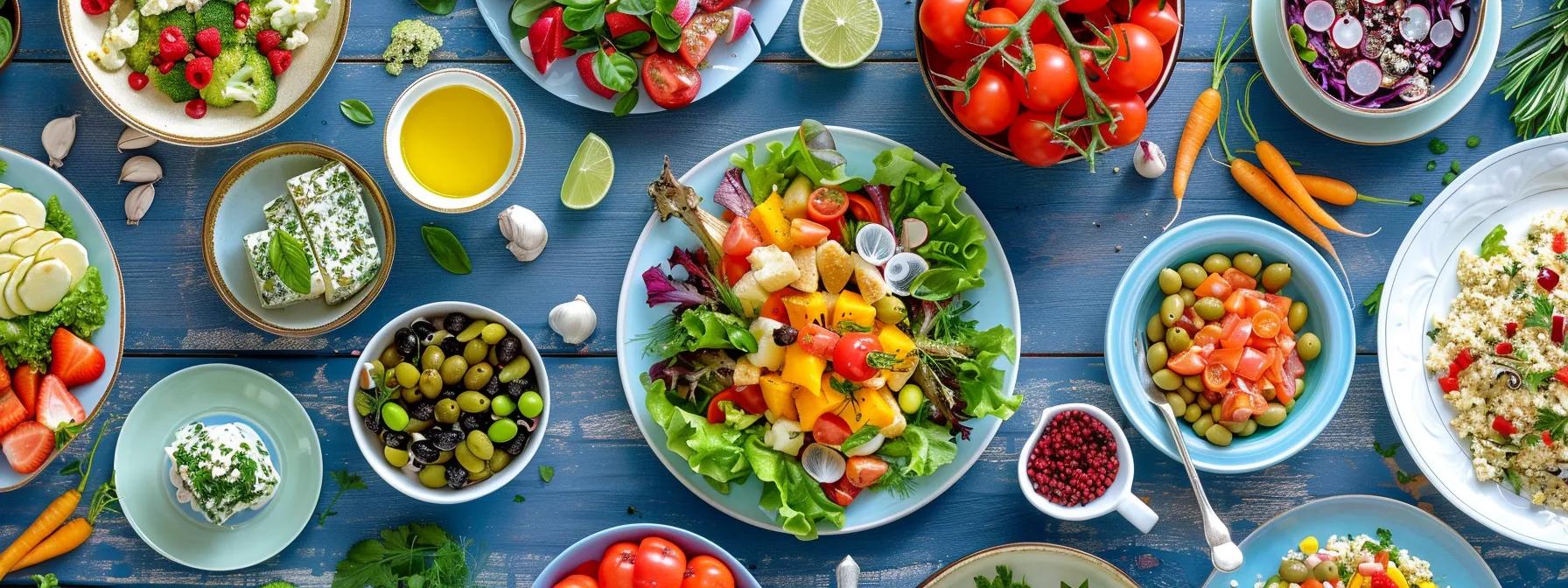 a beautifully arranged dining table showcases an array of vibrant, wholesome dishes made from unprocessed ingredients, emphasizing a colorful, anti-inflammatory meal plan designed for wellness and vitality. - Rachael Haverland Site Colorful assortment of fresh vegetables, fruits, and healthy fats, including salads, olives, and olive oil, promoting an anti-inflammatory diet for managing endometriosis symptoms.