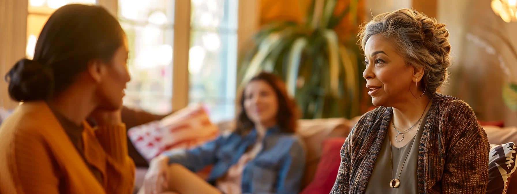 a vibrant, intimate scene in a cozy support group setting featuring diverse women engaged in heartfelt conversation, sharing their experiences and strategies for managing endometriosis, with soft, warm lighting that enhances the supportive atmosphere.