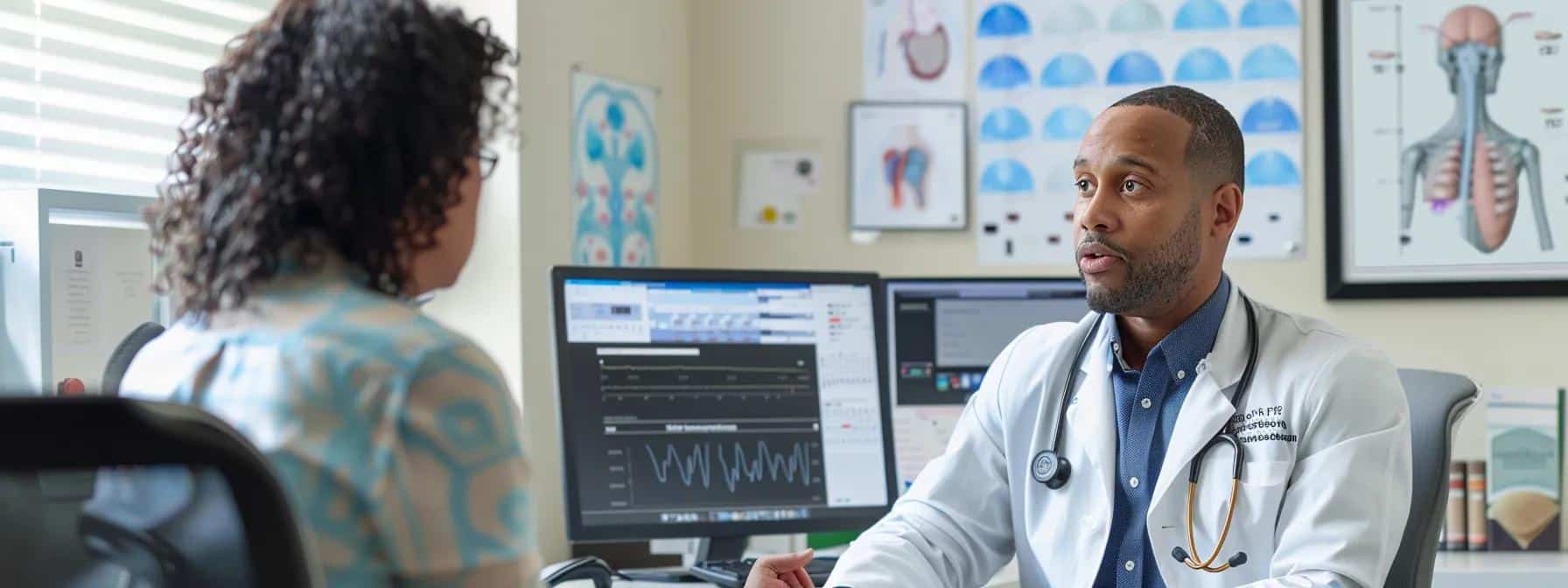 a focused healthcare professional in a modern clinic setup discusses endometriosis back pain with a patient, surrounded by informative charts and medical diagrams illustrating the condition.