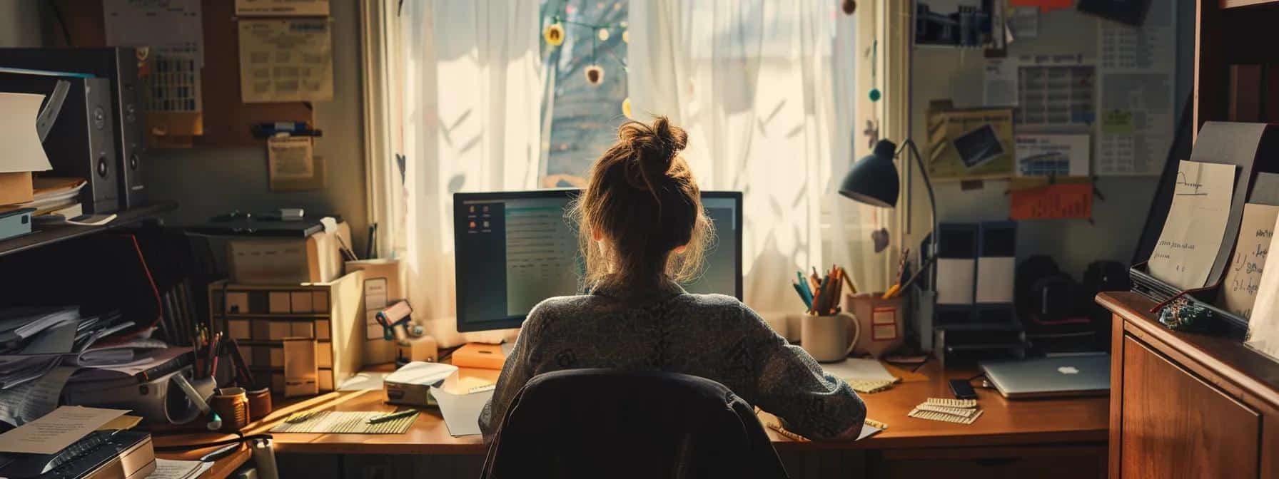 a somber and intimate office scene captures a woman seated at her desk, surrounded by scattered documents and a dimly lit computer screen, reflecting the emotional and physical toll of endometriosis as she battles through severe symptoms impacting her daily life. - Rachael Haverland Site a somber and intimate office scene captures a woman seated at her desk, surrounded by scattered documents and a dimly lit computer screen, reflecting the emotional and physical toll of endometriosis as she battles through severe symptoms impacting her daily life.