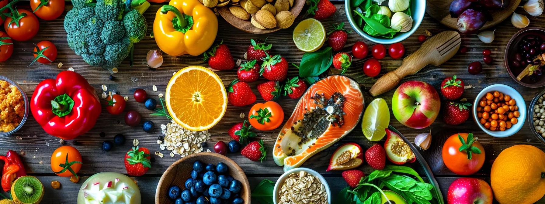 a vibrant, modern kitchen scene features a beautifully arranged spread of colorful, nutrient-dense foods like fruits, vegetables, and whole grains, symbolizing the essence of an anti-inflammatory diet aimed at alleviating endometriosis symptoms. - Rachael Haverland Site Vibrant assortment of fresh fruits, vegetables, and nuts including salmon, broccoli, strawberries, oranges, and almonds, emphasizing nutrient-dense foods for an anti-inflammatory diet supporting endometriosis management.