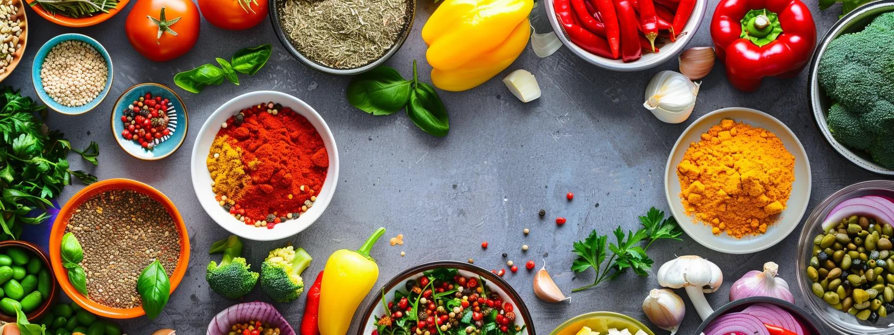 an elegantly arranged modern 90581e86 9c9d28db b75f 4c1d bda6 554c2c2b1fe1webp - Rachael Haverland Site Colorful assortment of fresh vegetables, herbs, and spices arranged on a gray surface, highlighting anti-inflammatory ingredients for managing endometriosis symptoms.