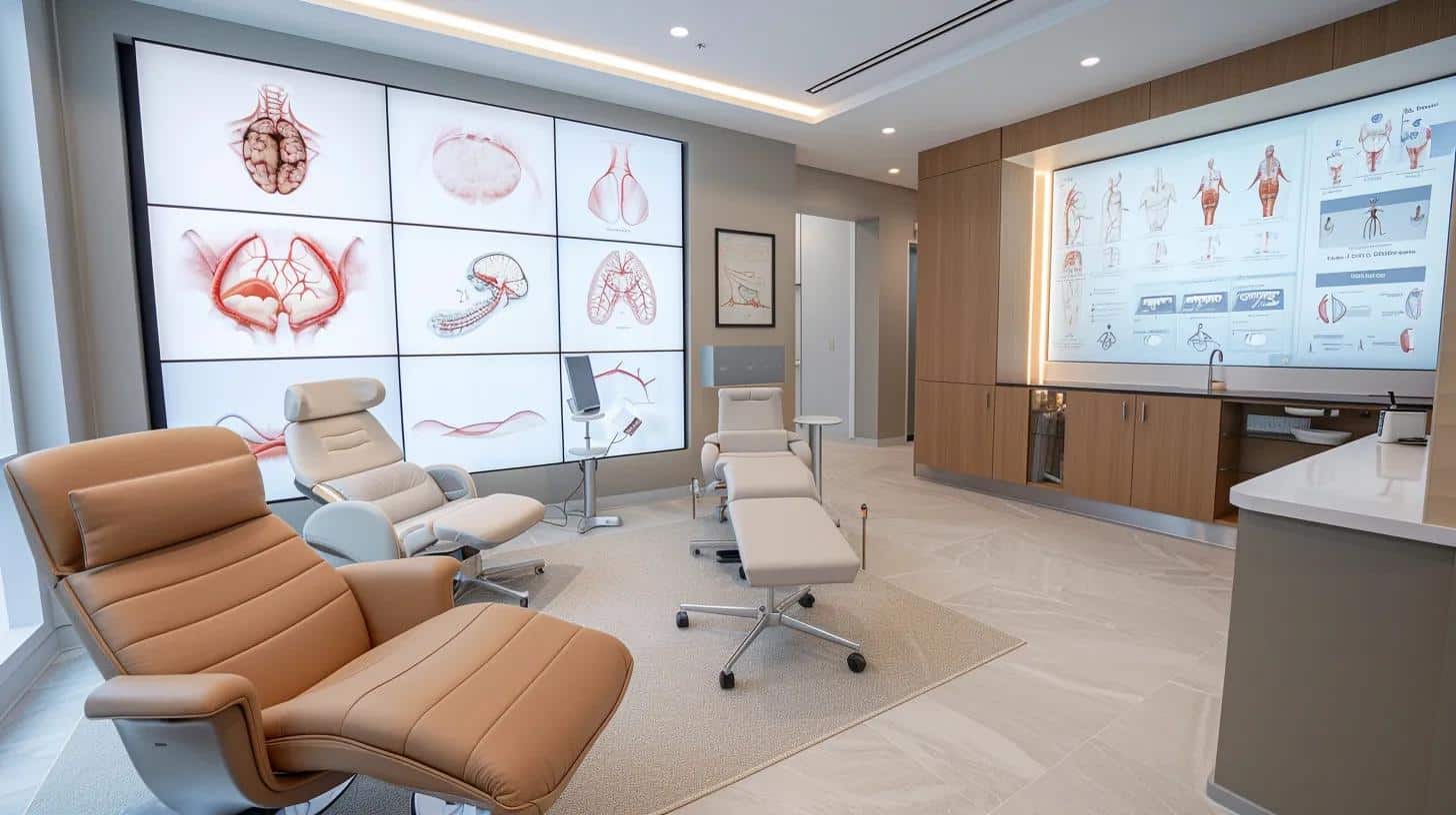 a sleek, modern medical office with a comfortable consultation room, featuring an interactive display of anatomical diagrams on the walls, highlighting less common pain symptoms related to endometriosis.