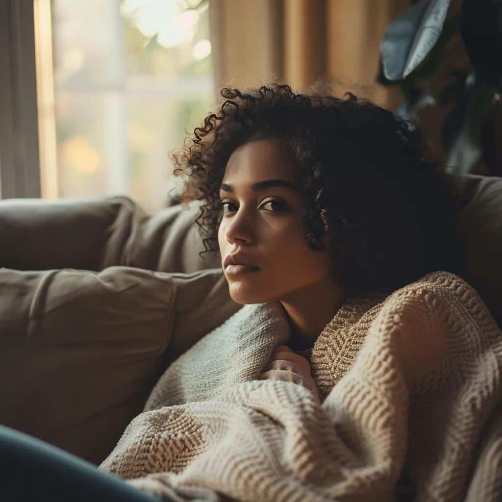 Woman with curly hair sitting on a couch, wrapped in a cozy blanket, gazing thoughtfully, emphasizing comfort and introspection in a warm, inviting setting.