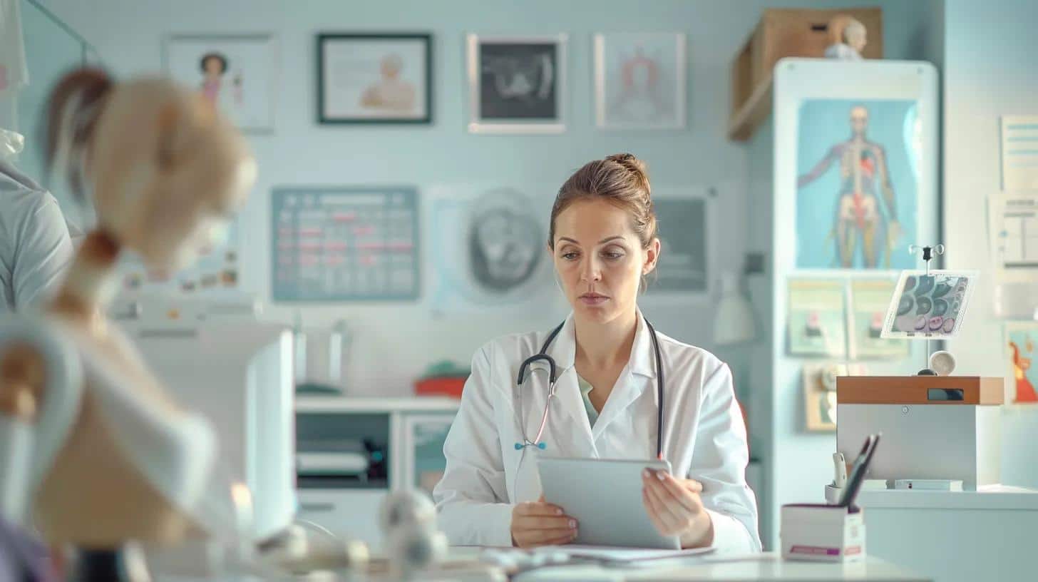 a bright and sterile medical office with a focused female doctor discussing various infertility treatment options on a digital tablet, surrounded by anatomical models and educational charts related to endometriosis. - Rachael Haverland Site a bright and sterile medical office with a focused female doctor discussing various infertility treatment options on a digital tablet, surrounded by anatomical models and educational charts related to endometriosis.