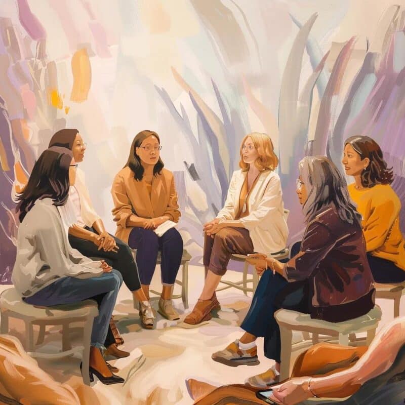 Diverse women in a supportive discussion about endometriosis and chronic pelvic pain