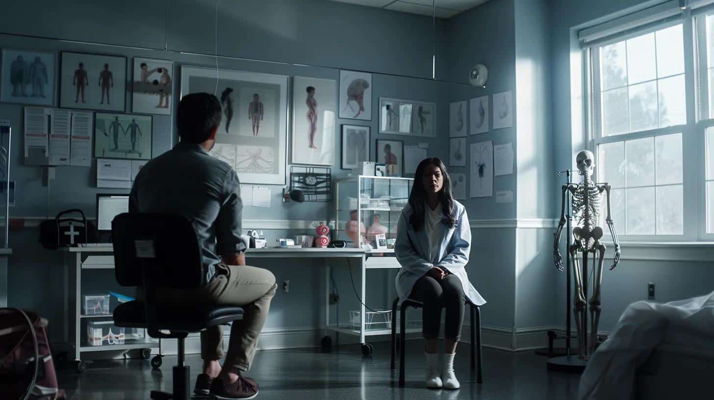 a somber yet striking medical office scene captures a woman seated in front of a healthcare professional, expressions conveying the weight of infertility issues, with anatomical models and charts on the walls illustrating the complexities of endometriosis and its impact on fertility. - Rachael Haverland Site a somber yet striking medical office scene captures a woman seated in front of a healthcare professional, expressions conveying the weight of infertility issues, with anatomical models and charts on the walls illustrating the complexities of endometriosis and its impact on fertility.