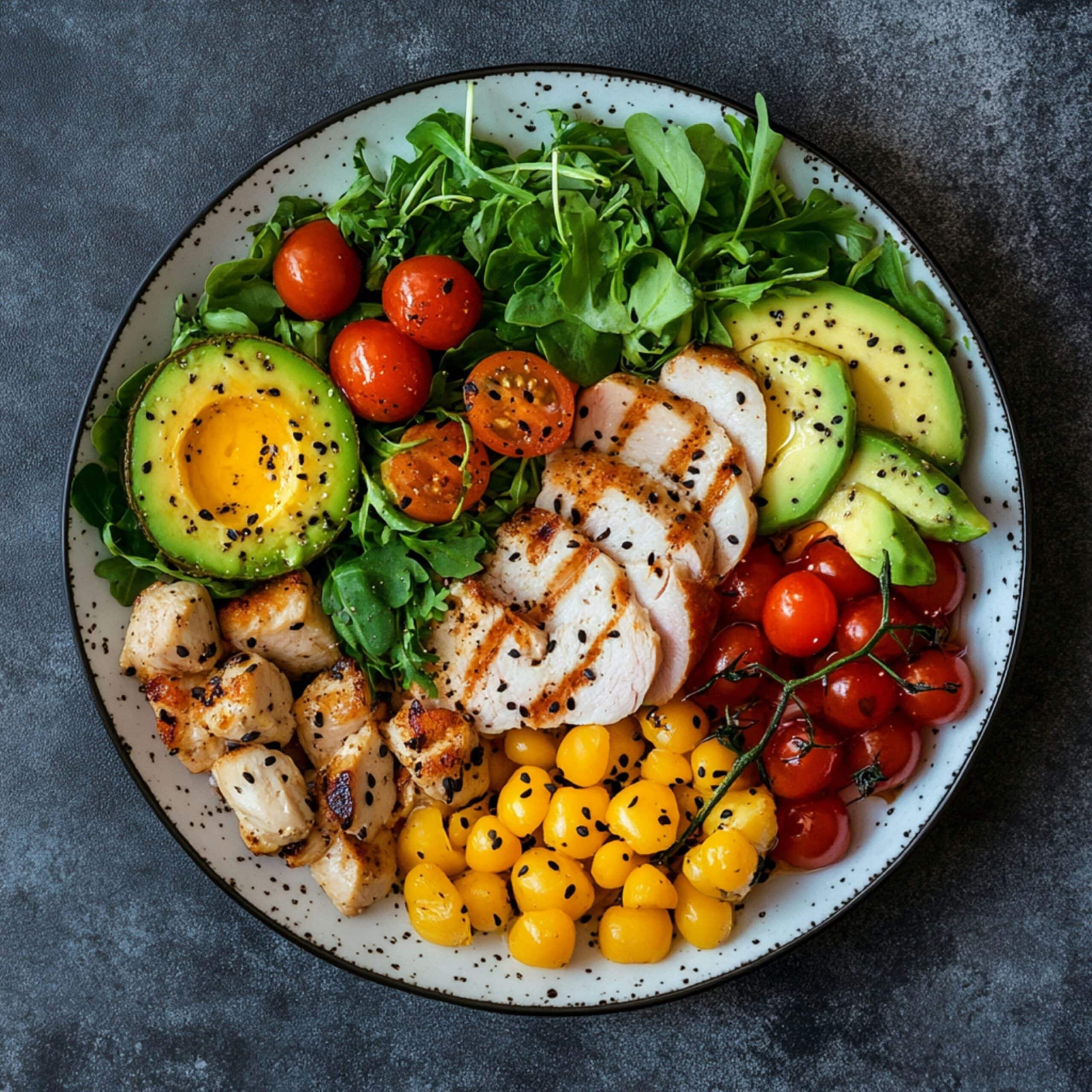 Colorful plate with grilled chicken, avocado, tomatoes, leafy greens, and chickpeas, representing a balanced anti-inflammatory diet for endometriosis. - Rachael Haverland Site Colorful plate with grilled chicken, avocado, tomatoes, leafy greens, and chickpeas, representing a balanced anti-inflammatory diet for endometriosis.