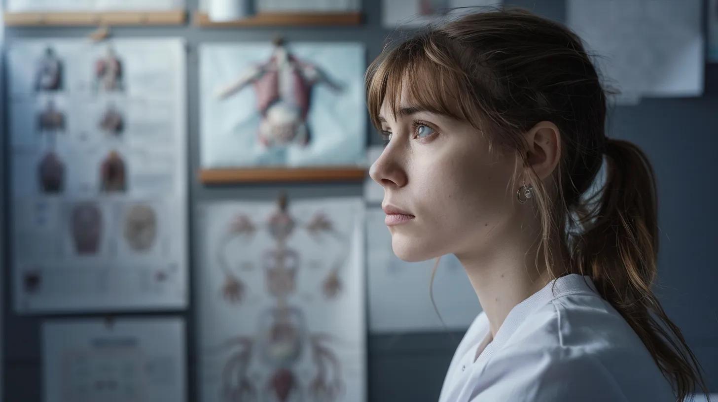 a close-up of a distressed woman seated in a modern, sterile doctor's office, surrounded by anatomical diagrams and medical charts on the walls, as she contemplates the challenges of endometriosis and its impact on her fertility journey. - Rachael Haverland Site a close-up of a distressed woman seated in a modern, sterile doctor's office, surrounded by anatomical diagrams and medical charts on the walls, as she contemplates the challenges of endometriosis and its impact on her fertility journey.