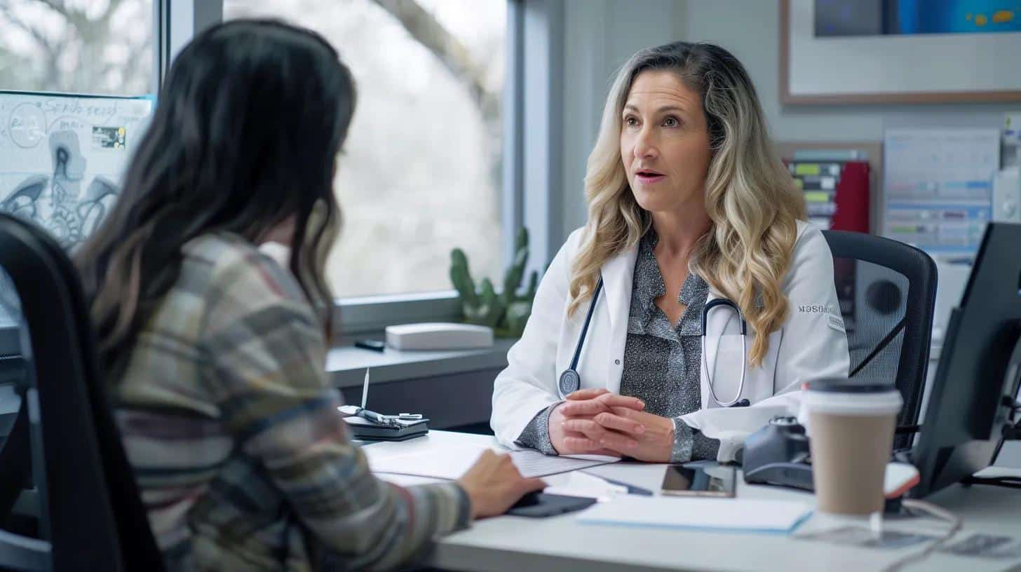 a focused medical consultation scene set in a modern office, featuring a healthcare professional discussing endometriosis management with a patient, emphasizing diagnostic tools and educational materials displayed prominently.
