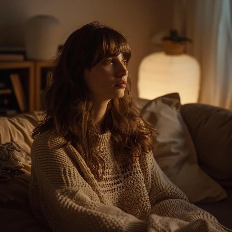 Woman in a cozy sweater sitting on a couch, reflecting thoughtfully in a softly lit room, symbolizing the emotional aspects of living with endometriosis.