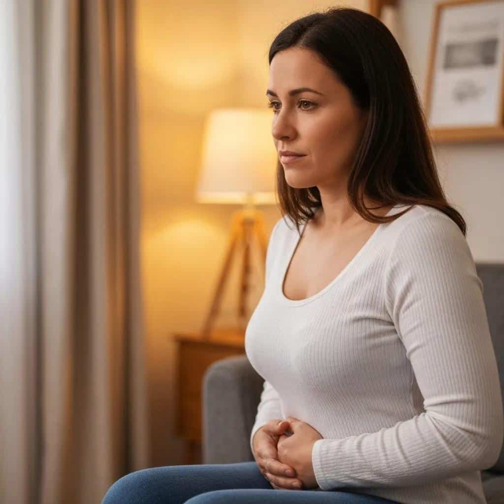 Woman sitting on a couch, holding her stomach, reflecting discomfort, in a cozy living room setting, relevant to discussions on endometriosis symptoms and patient experiences.