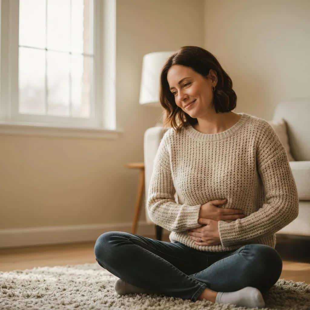 Woman holding her abdomen in a cozy home setting, reflecting on endometriosis symptoms