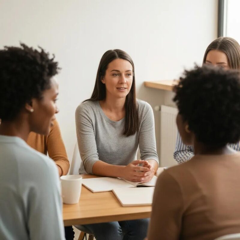 Diverse group of women discussing endometriosis in a supportive environment, emphasizing community and empowerment