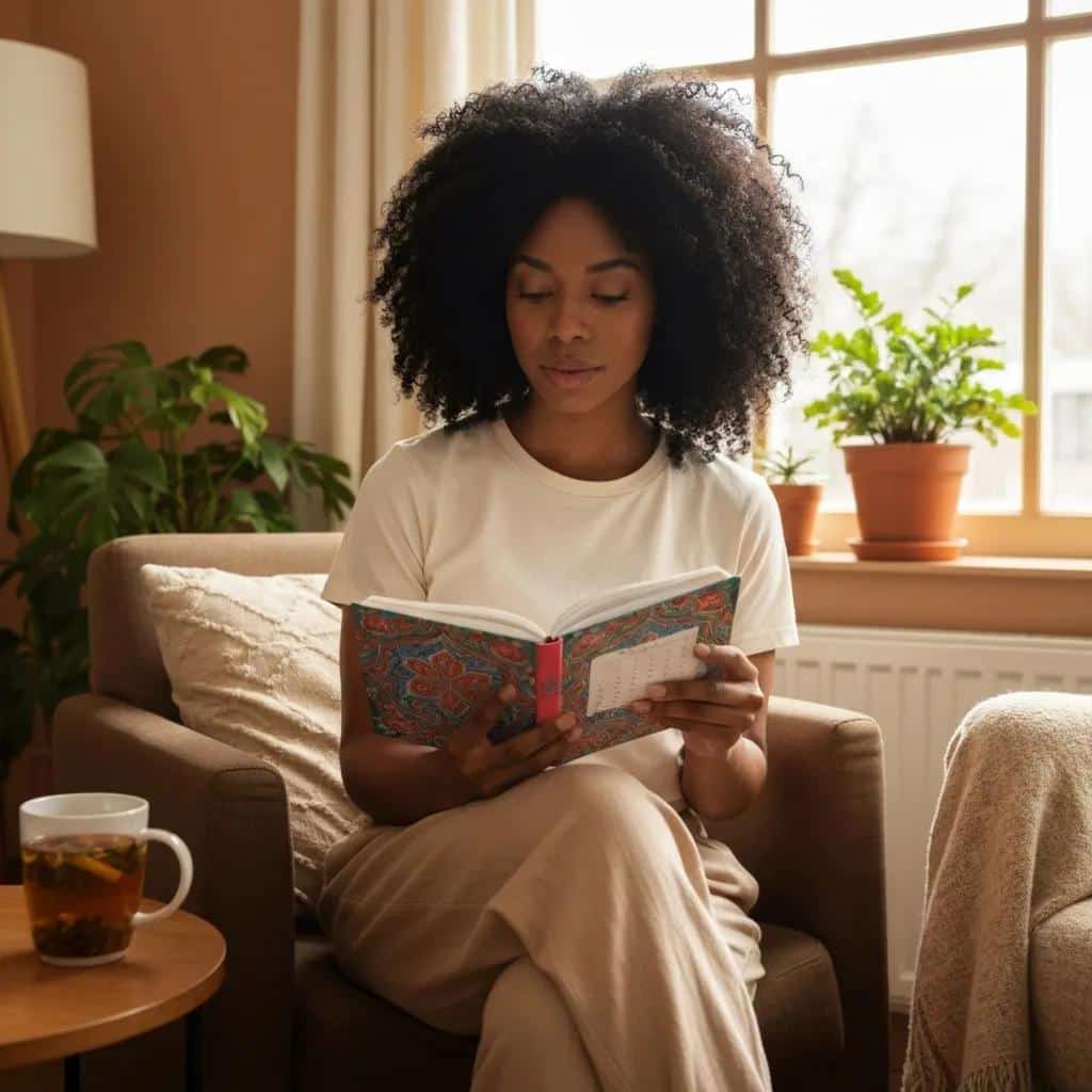 Woman reading a journal while sitting in a cozy living room, surrounded by plants and a cup of tea, reflecting a peaceful moment of self-care and introspection.