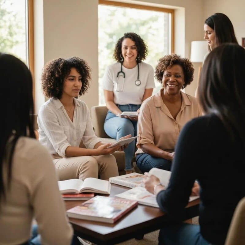 Diverse women discussing endometriosis awareness in a supportive environment