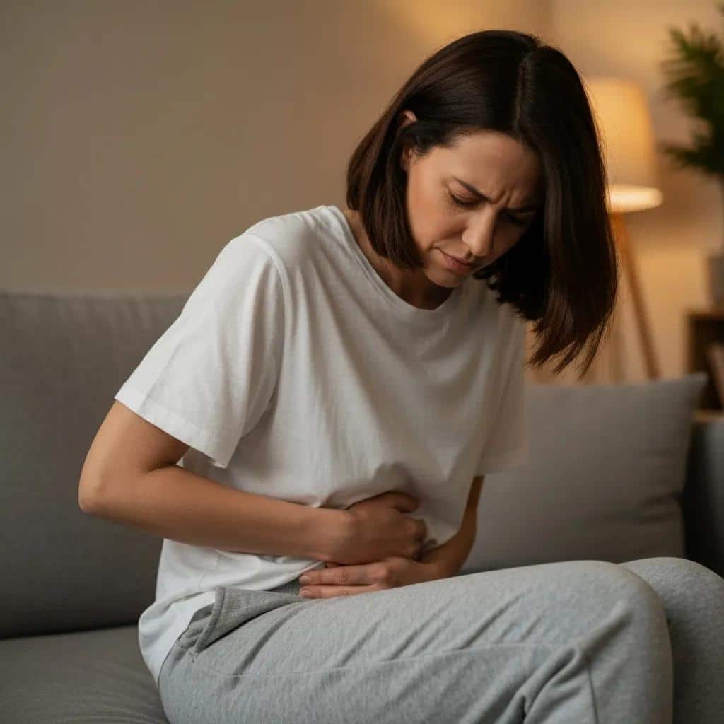 A woman experiencing discomfort, illustrating the early signs and symptoms of endometriosis.