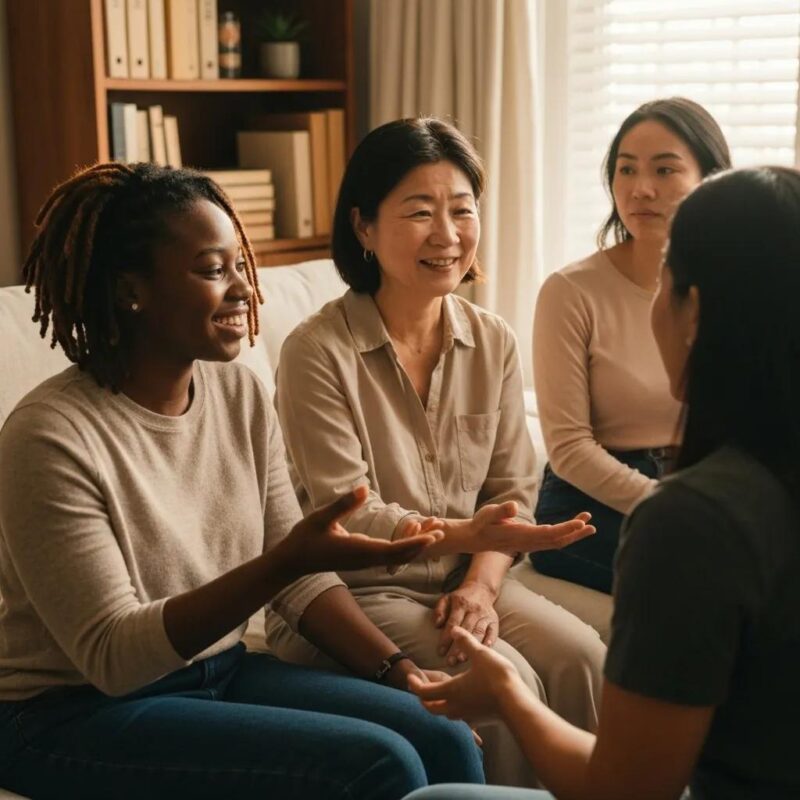 Diverse women discussing endometriosis symptoms in a supportive environment