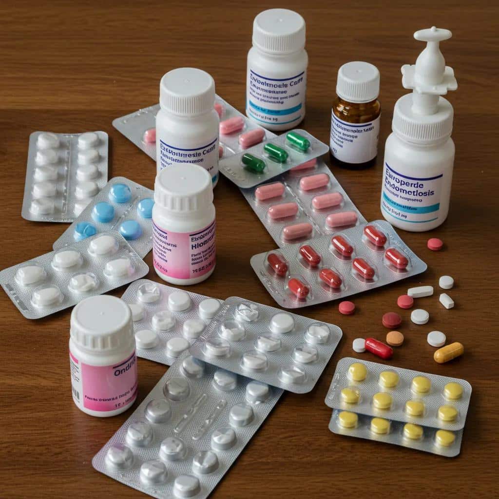 Assorted medications for endometriosis pain management on a wooden table
