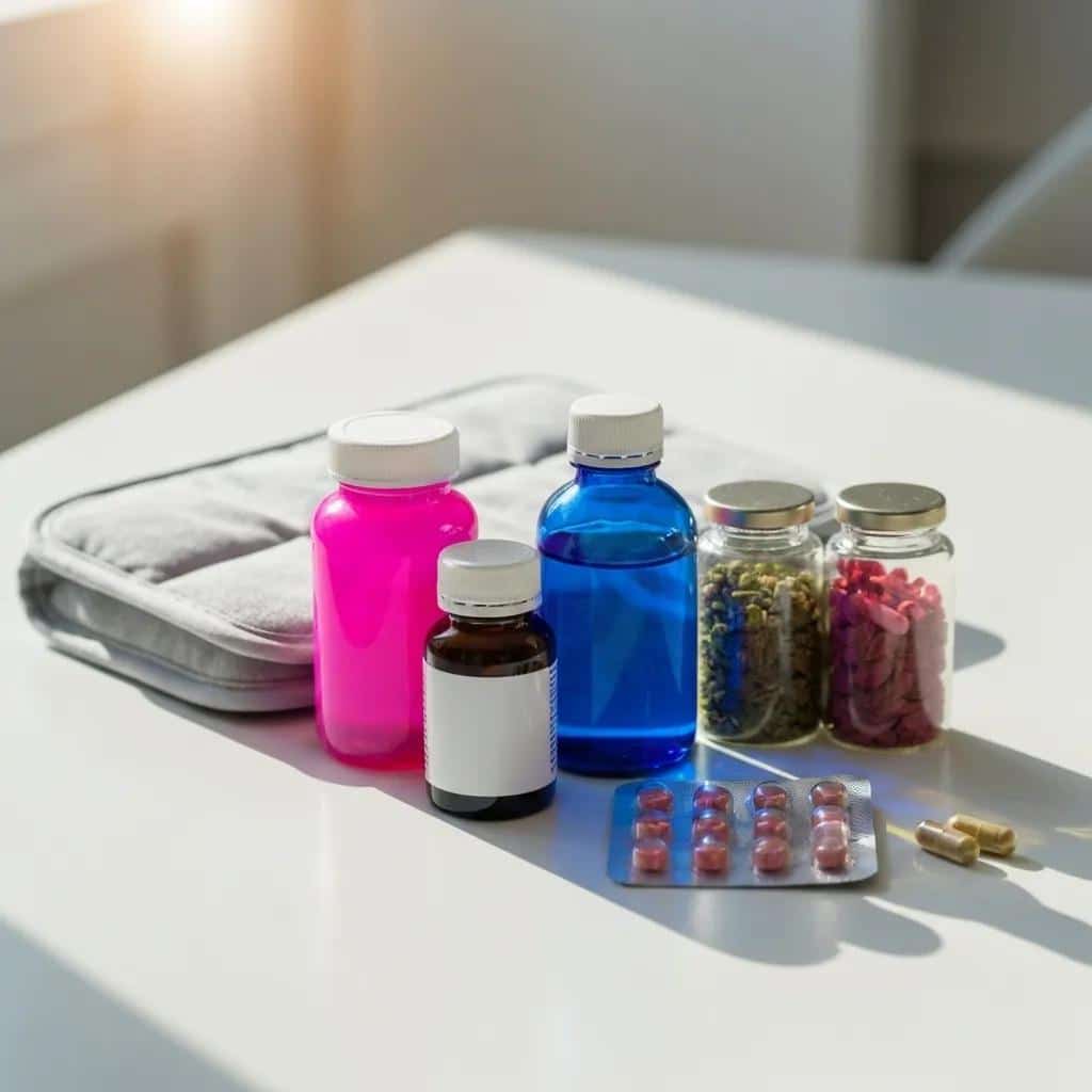Colorful bottles and jars of medications, including pink and blue liquids, capsules, and tablets, arranged on a table, highlighting various treatment options for endometriosis management.