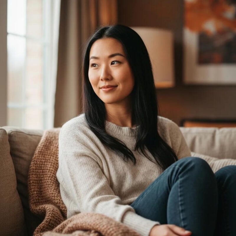 A woman in a cozy setting reflecting on her endometriosis diagnosis journey, conveying hope and support