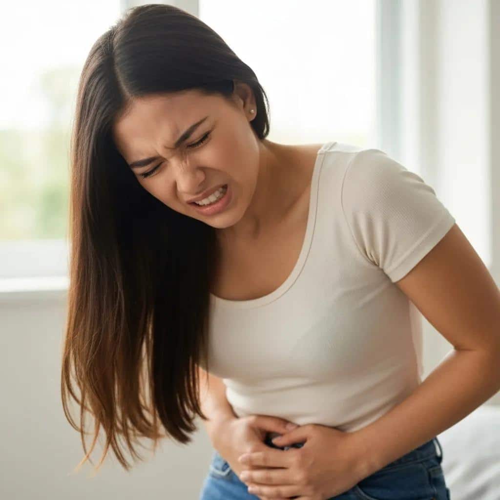 A woman experiencing pelvic pain, illustrating a common symptom of endometriosis.