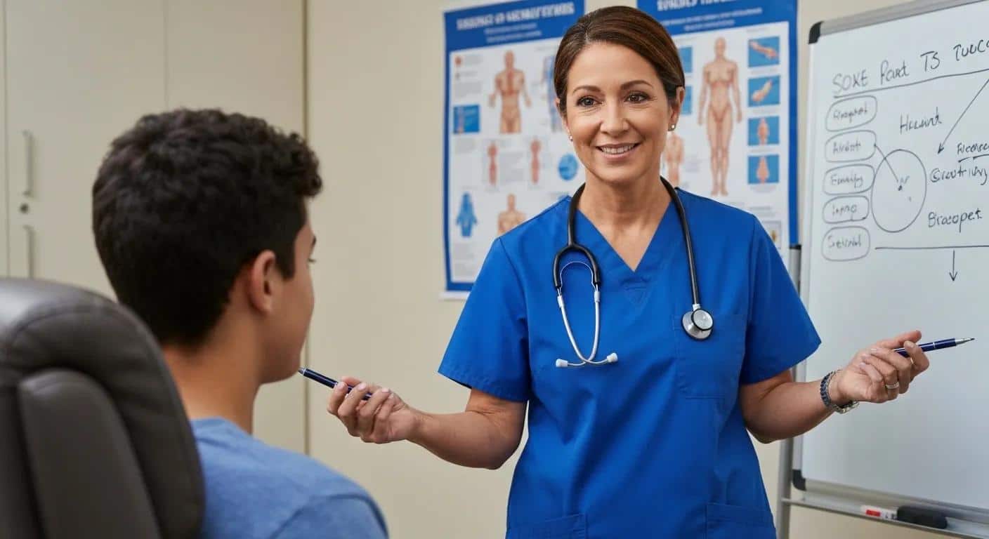 A healthcare professional discussing medical treatment options for endometriosis-related infertility with a patient, offering support and guidance.