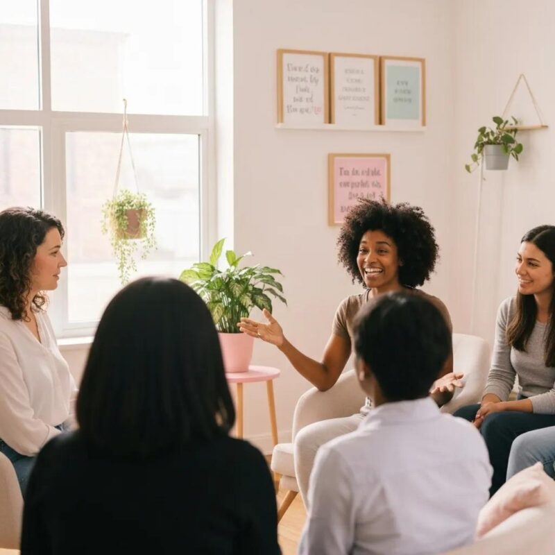 Diverse women in a supportive discussion about endometriosis awareness and health