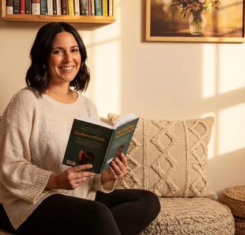 Woman reading about endometriosis in a cozy home environment, emphasizing health awareness