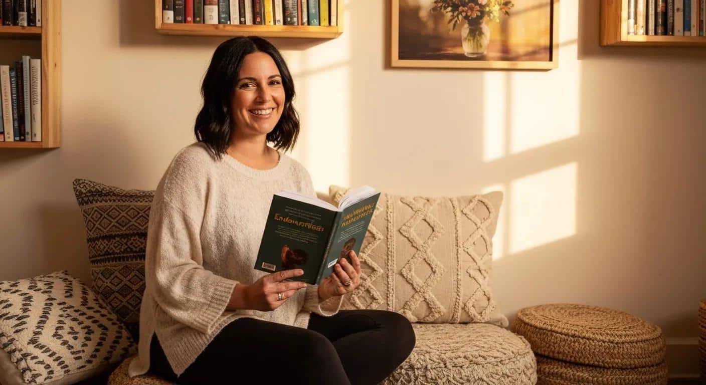 Woman sitting on a cozy couch reading a book titled "Endometriosis," surrounded by bookshelves and soft decor, emphasizing the importance of understanding endometriosis.