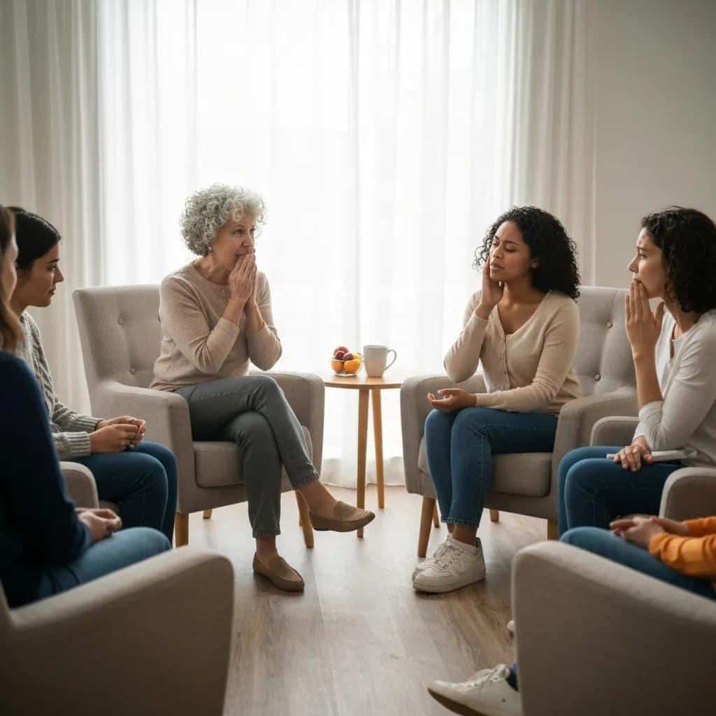 Group therapy session focusing on emotional support for women managing endometriosis, featuring six participants in a comfortable setting, discussing experiences and coping strategies.