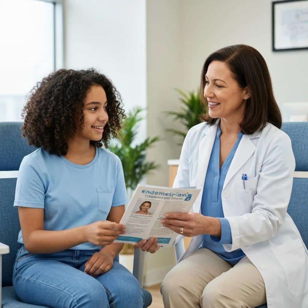 Teenage girl discussing endometriosis treatment options with a healthcare provider in a clinic setting