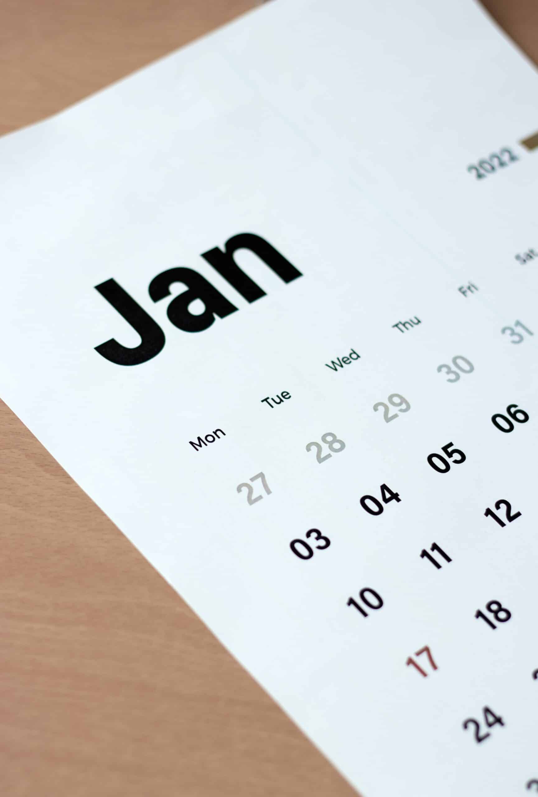 a photo of a calendar showing January