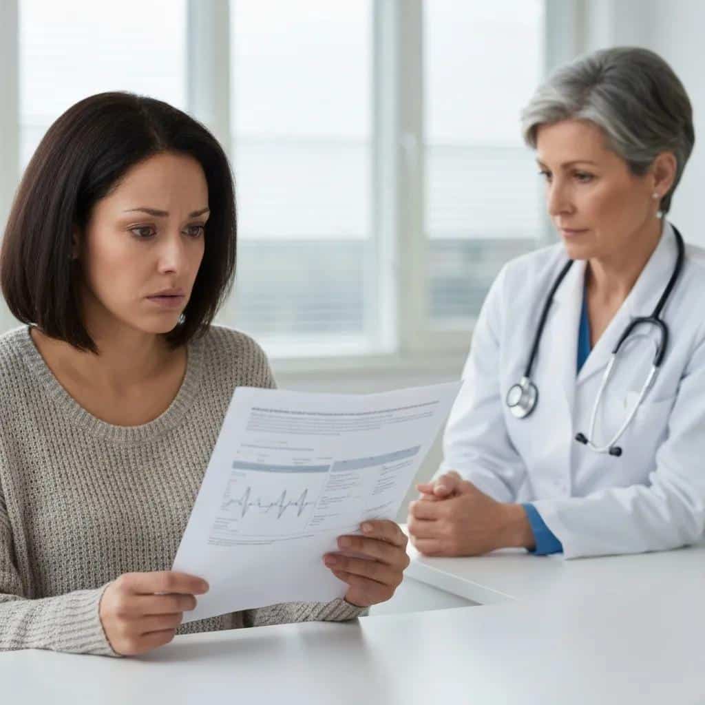 A woman in a clinical setting experiencing dismissal from a healthcare provider, illustrating the challenges faced by endometriosis patients