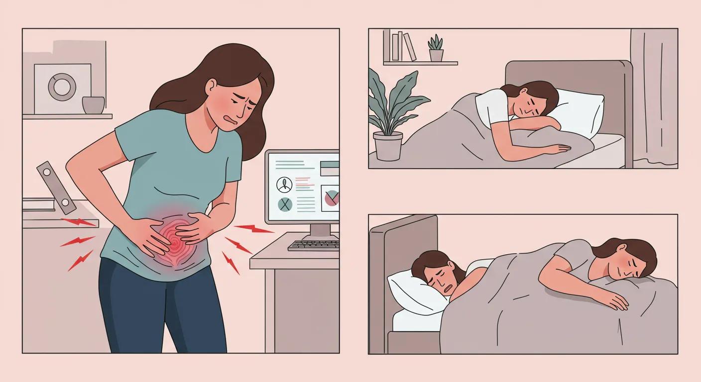 337ad5a4 a1e5 4f98 a28c 6602995f87d0webp - Rachael Haverland Site Illustration depicting a woman experiencing pelvic pain, sitting at a desk with a computer displaying health charts, followed by scenes of her resting in bed, highlighting the impact of endometriosis symptoms on daily life and the importance of seeking diagnosis and treatment.