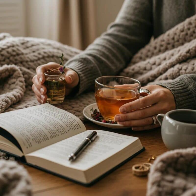 A woman practicing self-care at home, surrounded by herbal teas and a journal, symbolizing endometriosis management and wellness.