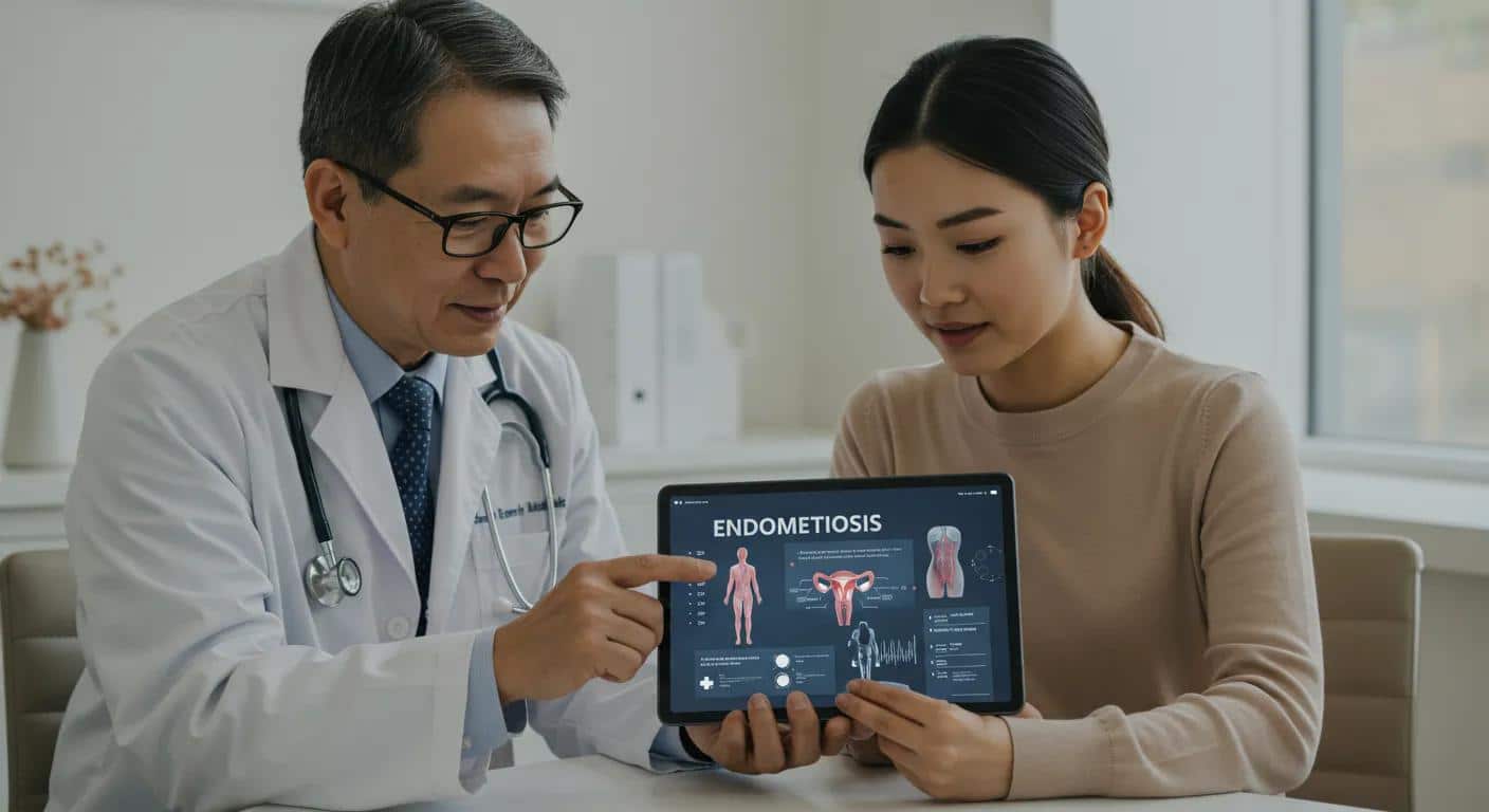 Doctor explaining endometriosis diagnosis to patient using tablet display in clinical setting.